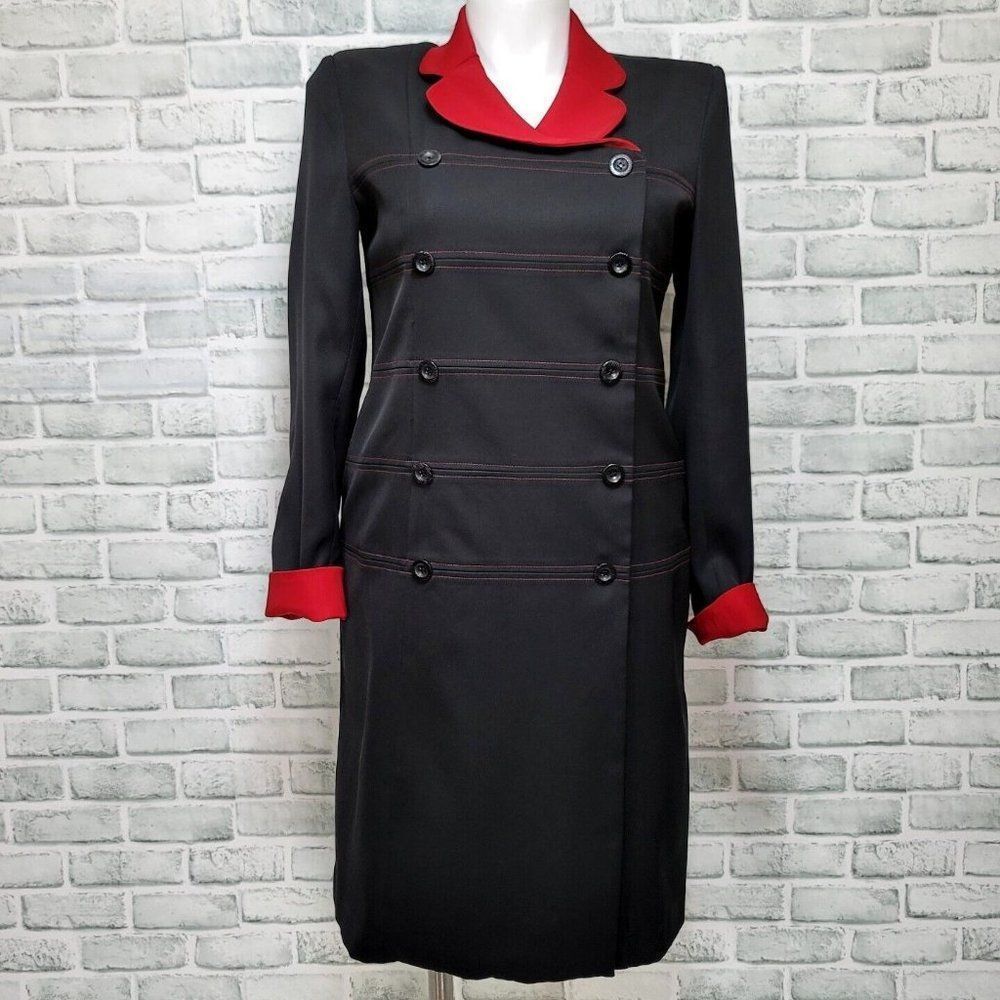 Mary McFadden Womens 12 Black Red Double Breasted Wrap Career Casual Dress Y2K